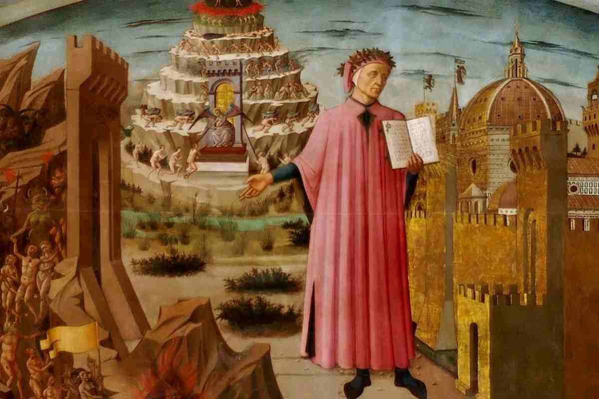 un affresco di Dante Alighieri con alle sue spalle i tre regni dell'Oltretomba realizzato da Domenico di Michelino del 1465