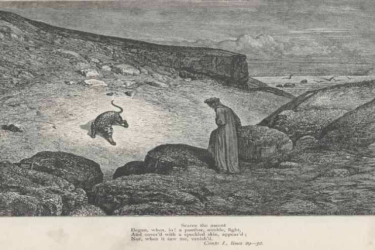 un'incisione in bianco e nero di Gustave Doré del primo canto dell'Inferno di Dante Alighieri