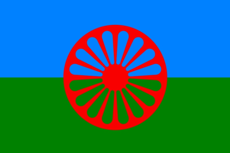 bandiera di rom, sinti e camminanti con banda blu in alto, banda verde in basso e al centro una ruota rossa con 16 raggi