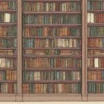 Disegno di una libreria di legno piena di libri che copre un'intera parete