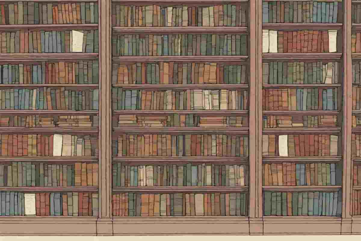 Disegno di una libreria di legno piena di libri che copre un'intera parete