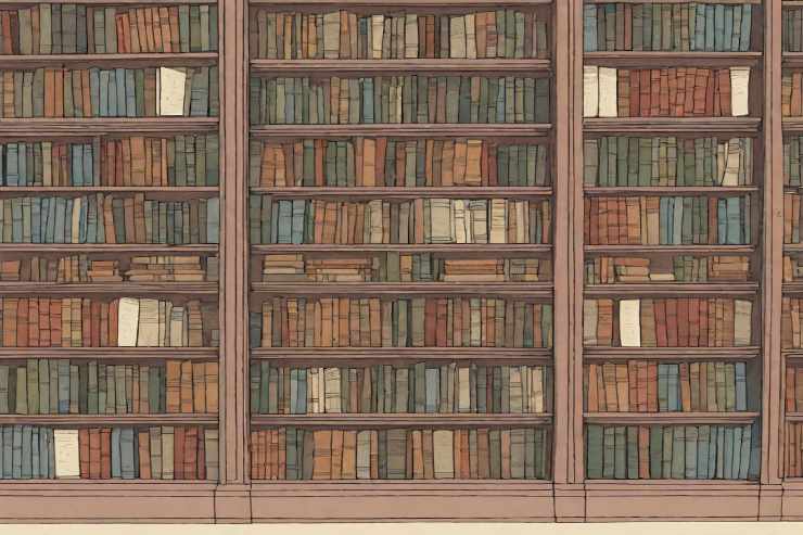 disegno di una libreria di legno piena di libri che occupa un'intera parete