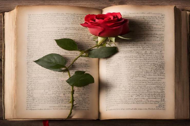 foto di una rosa rossa distesa su un libro aperto su un tavolo